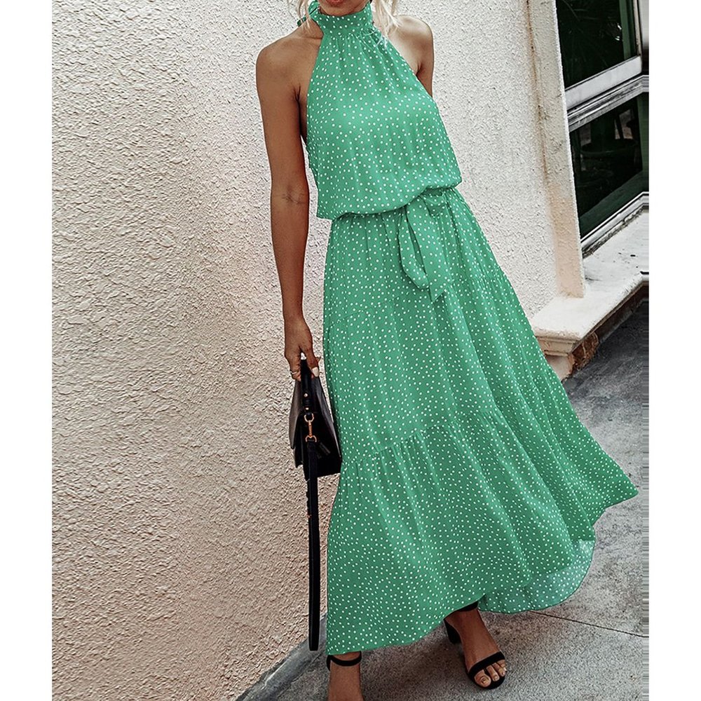 Green Polka Dot Halter Flounce Maxi Dress - Picture 2 of 8